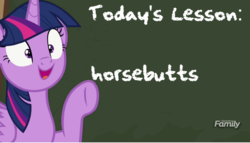 Size: 764x436 | Tagged: safe, edit, edited screencap, screencap, twilight sparkle, alicorn, pony, g4, ppov, butts, chalkboard, discovery family logo, female, open mouth, pointing, smiling, solo, twilight sparkle (alicorn), twilight's blackboard, wide eyes