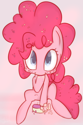 Size: 1264x1905 | Tagged: safe, anonymous artist, pinkie pie, g4, cake, female, filly, filly pinkie pie, food, looking at you, messy eating, simple background, solo