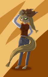 Size: 3445x5457 | Tagged: safe, artist:chiptunebrony, edit, applejack, alien, wolf, anthro, g4, bandana, clothes, cutie mark, female, finished, font, freckles, glowing eyes, green eyes, hat, leather, looking at you, looking back, medal, pants, qinnisian, runes, shading, shirt, smiling, solo, species swap, the symnatrix chronicles, vest, white shirt