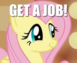 Size: 570x462 | Tagged: safe, edit, edited screencap, screencap, fluttershy, g4, viva las pegasus, cropped, female, get a job, image macro, meme, scrunchy face, smug, solo