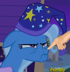 Size: 230x238 | Tagged: safe, edit, edited screencap, screencap, trixie, pony, unicorn, g4, to where and back again, boop, boop edit, cropped, discovery family logo, female, finger, grumpy, hand, hat, mare, nightcap, solo, trixie's nightcap