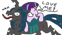 Size: 701x400 | Tagged: artist needed, safe, queen chrysalis, starlight glimmer, g4, to where and back again, angry, dialogue, open mouth, simple background, stylistic suck, tongue out, white background