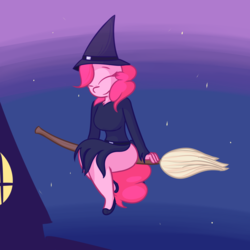 Size: 2250x2250 | Tagged: safe, artist:mr-degration, pinkie pie, earth pony, anthro, plantigrade anthro, g4, broom, clothes, costume, eyes closed, female, flying, flying broomstick, hat, high res, night, nightmare night, sitting, smiling, solo, stars, witch, witch hat