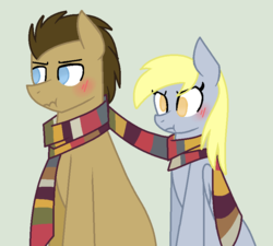 Size: 808x726 | Tagged: dead source, safe, artist:florfru, artist:tech-kitten, derpy hooves, doctor whooves, time turner, pegasus, pony, g4, base used, blushing, clothes, female, fourth doctor's scarf, male, mare, scarf, shared clothing, shared scarf, ship:doctorderpy, shipping, simple background, straight, striped scarf, vector