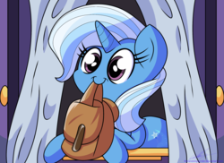 Size: 2200x1600 | Tagged: safe, artist:therandomjoyrider, trixie, pony, unicorn, g4, to where and back again, bag, cute, diatrixes, female, mare, mouth hold, scene interpretation, smiling, solo, to saddlebags and back again