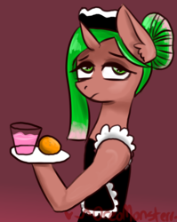 Size: 984x1239 | Tagged: safe, artist:oreomonsterr, oc, oc only, oc:melonpop, pony, unicorn, clothes, drink, food, maid, solo