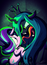 Size: 1600x2200 | Tagged: safe, artist:therandomjoyrider, queen chrysalis, starlight glimmer, changeling, changeling queen, pony, unicorn, g4, to where and back again, crown, female, jewelry, open mouth, regalia, scene interpretation, signature, tongue out
