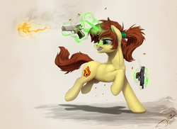Size: 3000x2178 | Tagged: safe, artist:1jaz, oc, oc only, oc:rapid fire, pony, unicorn, commission, dual wield, female, firing, grin, gun, handgun, high res, magic, mare, pistol, ponytail, shooting, smiling, solo, weapon