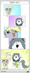 Size: 570x1401 | Tagged: safe, artist:loreto-arts, derpy hooves, pegasus, pony, temmie, g4, body swap, comic, crossover, derp, duo, female, hoi, mare, species swap, tongue out, undertale