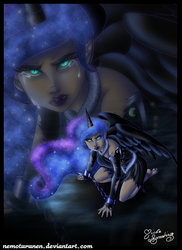 Size: 2089x2872 | Tagged: safe, artist:nemoturunen, nightmare moon, human, g4, bondage, chains, clothes, crying, female, horn, horned humanization, humanized, imprisoned, imprisonment, solo, torn clothes, trapped, winged humanization