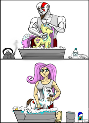 Size: 1232x1712 | Tagged: safe, artist:alexandryuz, artist:cjvselinmortal, fluttershy, human, pony, g4, alternate universe, bath, clothes, crossover, god of war, humanized, kratos, ponified, tank top