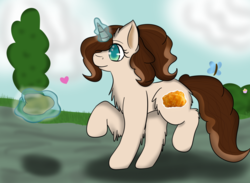 Size: 1024x751 | Tagged: safe, artist:weeroxy, oc, oc only, oc:tater tot, pony, unicorn, food, magic, potato, solo