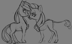 Size: 1050x649 | Tagged: safe, artist:yoditax, applejack, rarity, classical unicorn, g4, grayscale, horn, leonine tail, looking at each other, monochrome