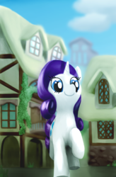 Size: 1357x2065 | Tagged: safe, artist:mgmax, rarity, g4, cloud, female, happy, raised hoof, scenery, smiling, solo, town, walking