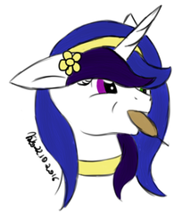 Size: 471x573 | Tagged: safe, artist:xaik0x, oc, oc only, oc:amate, pony, unicorn, corn, corndog, ear piercing, earring, female, food, full mouth, headband, heterochromia, jewelry, mare, necklace, piercing, sausage, solo, two toned hair