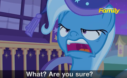 Size: 714x438 | Tagged: safe, screencap, trixie, pony, g4, to where and back again, discovery family logo, faic, female, mare, mid-blink screencap, solo