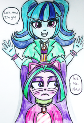 Size: 800x1170 | Tagged: safe, artist:blazingdazzlingdusk, aria blaze, sonata dusk, cat, equestria girls, g4, alternate hairstyle, cat ears, clothes, clothes swap, costume, traditional art