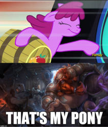 Size: 843x993 | Tagged: safe, edit, edited screencap, screencap, berry punch, berryshine, g4, slice of life (episode), barrel, comparison, discovery family logo, gragas, league of legends, meme, that's my pony, that's my x