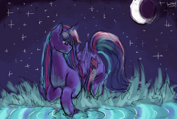 Size: 3700x2500 | Tagged: safe, artist:britneyoctave, twilight sparkle, alicorn, pony, g4, female, high res, moon, night, prone, ripple, sketchy, solo, stars, twilight sparkle (alicorn), water