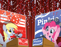 Size: 1168x900 | Tagged: safe, artist:tony fleecs, derpy hooves, pinkie pie, pegasus, pony, g4, campaign, duo, election, female, mare, podium