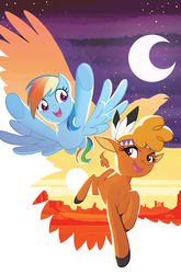 Size: 755x1147 | Tagged: safe, artist:tonyfleecs, idw, little strongheart, rainbow crow, rainbow dash, bird, bison, buffalo, crow, pegasus, pony, raven (bird), friends forever, g4, spoiler:comicff31, awesome face, calf, cover, crescent moon, desert, feather, female, mare, moon, night, scenery, scenery porn, sillhouette, stars, sunset