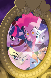 Size: 755x1147 | Tagged: safe, artist:tony fleecs, idw, applejack, fluttershy, pinkie pie, rainbow dash, rarity, twilight sparkle, alicorn, pony, g4, ponies of dark water, spoiler:comic, spoiler:comic45, cover, mane six, mirror, no logo, reflection, textless, twilight sparkle (alicorn), tyrant sparkle