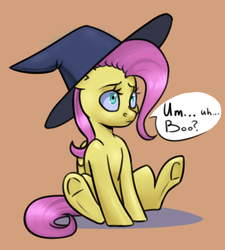 Size: 484x537 | Tagged: safe, artist:chibadeer, fluttershy, g4, boo, cute, female, hat, nightmare retardant, shyabetes, simple background, sitting, solo, underhoof, witch hat