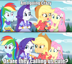 Size: 1366x1230 | Tagged: safe, edit, edited screencap, screencap, applejack, fluttershy, rainbow dash, rarity, equestria girls, g4, my little pony equestria girls: legend of everfree, cute, image macro, meme, text