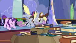 Size: 1920x1080 | Tagged: safe, screencap, derpy hooves, spike, starlight glimmer, twilight sparkle, alicorn, pony, g4, to where and back again, book, mailmare, twilight sparkle (alicorn)