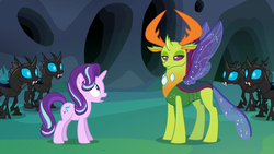 Size: 1920x1080 | Tagged: safe, screencap, starlight glimmer, thorax, changedling, changeling, pony, unicorn, g4, season 6, to where and back again, adventure in the comments, changeling hive, changeling king, female, frown, king thorax, lidded eyes, male, mare, open mouth, pony history, unamused, wide eyes