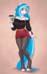 Size: 2437x3789 | Tagged: safe, artist:askbubblelee, oc, oc only, oc:bubble lee, oc:imago, unicorn, anthro, unguligrade anthro, anthro oc, both cutie marks, clothes, coffee, handbag, high res, jewelry, lipstick, looking at you, necklace, shorts, shoulderless, solo