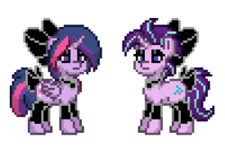 Size: 300x200 | Tagged: safe, starlight glimmer, twilight sparkle, alicorn, pony, pony town, g4, alternate hairstyle, bow, clothes, eyeshadow, goth, hair bow, jewelry, leggings, makeup, necklace, pixel art, simple background, tail bow, transparent background, twilight sparkle (alicorn)