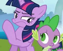 Size: 621x508 | Tagged: safe, screencap, spike, twilight sparkle, alicorn, changeling, pony, g4, to where and back again, animated, disguise, disguised changeling, fake spike, fake twilight, gif, loop, twilight sparkle (alicorn), whispering