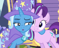 Size: 621x508 | Tagged: safe, screencap, starlight glimmer, trixie, pony, g4, to where and back again, animated, blinking, c:, cheek squish, cute, female, gif, grin, lidded eyes, loop, nuzzling, shipping fuel, smiling, squishy cheeks, trixie's wagon