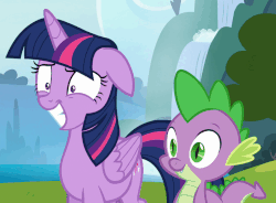Size: 692x508 | Tagged: safe, screencap, spike, twilight sparkle, alicorn, pony, g4, to where and back again, animated, eye twitch, forced smile, gif, grin, smiling, twilight sparkle (alicorn)