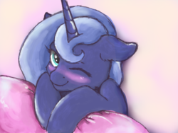 Size: 1600x1200 | Tagged: safe, artist:buttersprinkle, princess luna, pony, g4, blushing, cute, female, floppy ears, fluffy, leaning, lidded eyes, looking at you, lunabetes, one eye closed, pillow, s1 luna, smiling, solo, wink