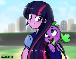 Size: 1300x1000 | Tagged: safe, artist:haden-2375, spike, twilight sparkle, dog, equestria girls, g4, backpack, clothes, open mouth, spike the dog, tongue out