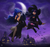 Size: 1600x1505 | Tagged: safe, artist:king-kakapo, princess luna, twilight sparkle, bat, human, g4, absolute cleavage, alternate hairstyle, boots, breasts, broom, busty princess luna, cleavage, clothes, cosplay, costume, dress, elvira, female, flying, flying broomstick, halloween, hat, high heels, house, humanized, lesbian, light skin, lipstick, moon, night, nightmare night, pantyhose, ship:twiluna, shipping, sitting, tree, witch, witch hat