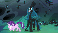 Size: 710x400 | Tagged: safe, screencap, queen chrysalis, starlight glimmer, thorax, changeling, changeling queen, g4, season 6, to where and back again, animated, armor, changeling armor, changeling guard, female, gif, glimmerbuse, starlight vs chrysalis, throwing, violence, you know for kids