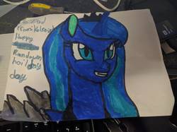 Size: 4000x2992 | Tagged: safe, princess luna, g4, female, holiday, solo, text, traditional art