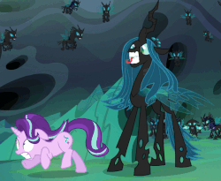 Size: 621x508 | Tagged: safe, screencap, queen chrysalis, starlight glimmer, thorax, changeling, changeling queen, g4, to where and back again, animated, armor, changeling armor, changeling guard, female, gif, loop, running, running in place, scared