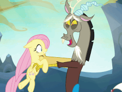 Size: 676x508 | Tagged: safe, screencap, discord, fluttershy, draconequus, pegasus, pony, g4, to where and back again, animated, blushing, butt touch, cropped, cute, discute, duo, eyes closed, fangs, female, floppy ears, folded wings, gif, hand on butt, hasbro is trying to murder us, hug, looking at each other, looking down, looking up, male, open mouth, shipping fuel, smiling, snuggling, underhoof, when he smiles