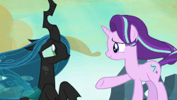Size: 710x400 | Tagged: safe, screencap, queen chrysalis, starlight glimmer, changeling, changeling queen, pony, unicorn, g4, season 6, to where and back again, animated, denied, discussion in the comments, female, friendship denied, gif, glare, mare, refusal, rejected, rejection, second chances, slap, windswept mane