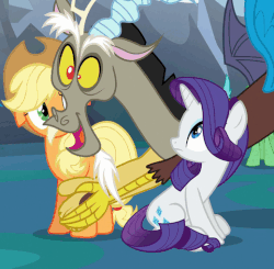 Size: 519x508 | Tagged: safe, screencap, applejack, discord, rarity, g4, to where and back again, animated, clapping, gif, loop