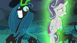 Size: 1920x1080 | Tagged: safe, screencap, queen chrysalis, starlight glimmer, changeling, changeling queen, pony, unicorn, g4, to where and back again, angry, female, frown, glare, glowing horn, gritted teeth, horn, levitation, magic, magic aura, mare, nose wrinkle, raised hoof, scared, telekinesis, varying degrees of want, wide eyes