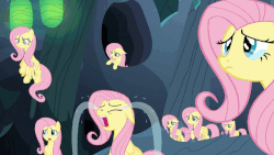 Size: 640x360 | Tagged: safe, screencap, discord, fluttershy, changeling, g4, to where and back again, absurd file size, absurd gif size, animated, changeling hive, crying, crying flutterlings, disguise, disguised changeling, fake fluttershy, gif, multeity, nose in the air, ocular gushers, scared, shrunken pupils, so much flutter, tearjerker, volumetric mouth, wide eyes, zoom