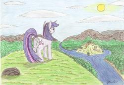 Size: 2336x1600 | Tagged: safe, artist:stardustchild01, twilight sparkle, g4, cloud, female, hill, island, river, solo, sun, traditional art