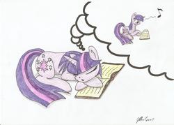 Size: 2338x1672 | Tagged: safe, artist:stardustchild01, twilight sparkle, g4, book, dream, female, prone, reading, sleeping, solo, that pony sure does love books, traditional art