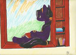 Size: 7014x5082 | Tagged: artist needed, safe, oc, oc only, oc:mir, pony, absurd resolution, book, female, jewelry, looking away, mare, sitting, solo, traditional art, window