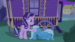 Size: 800x450 | Tagged: safe, screencap, starlight glimmer, trixie, pony, unicorn, g4, to where and back again, animated, butt touch, comforting, covering eyes, cowering, face down ass up, female, frightened, gif, hoof on butt, loop, mare, patting, shaking, trixie's wagon